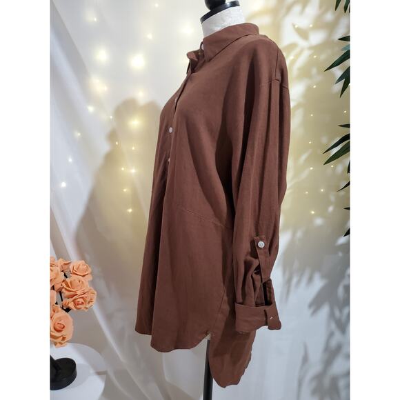 Tahari Linen 1/2 Button Popover Tunic Top Womens Size M Lagenlook Roll Tab Brown - Picture 3 of 7